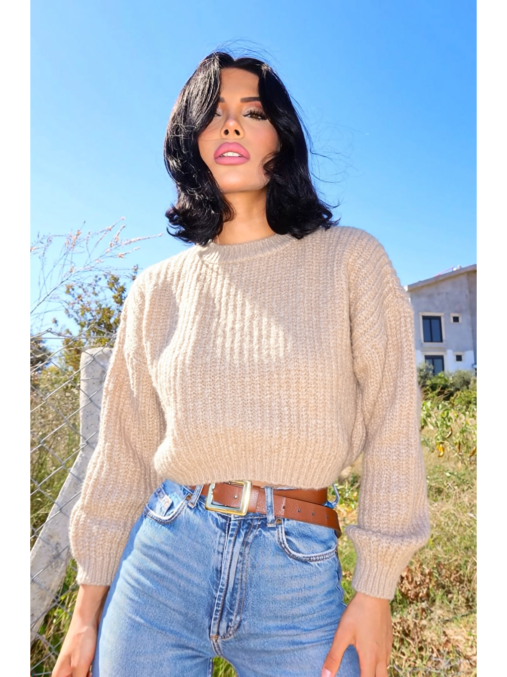 Ekru Bisiklet Yaka Kısa Triko Kazak E-199-2