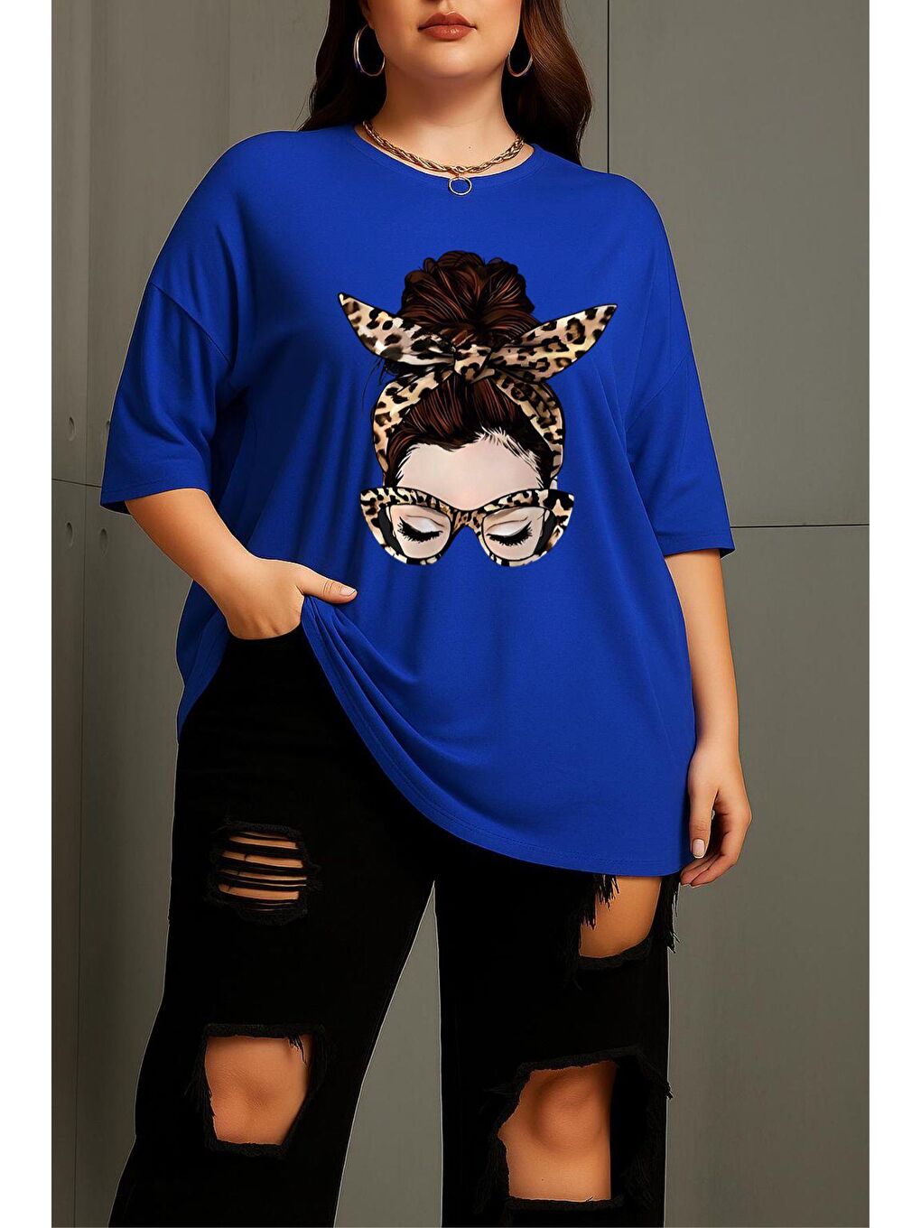 Mavi Ceny Kadın Büyük Beden Battal Baskılı Bisiklet Yaka Pamuklu T-Shirt Rahat Kesim Unisex Sevgili Kombi