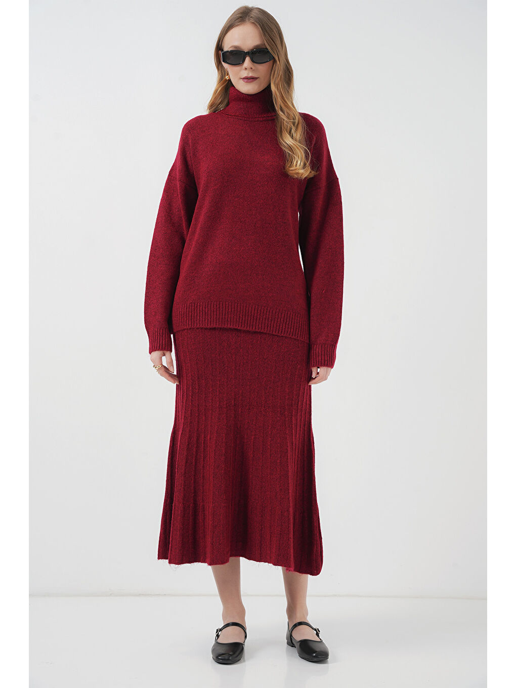 15892 Kazak Etek Triko İkili Takım - Kırmızı-1