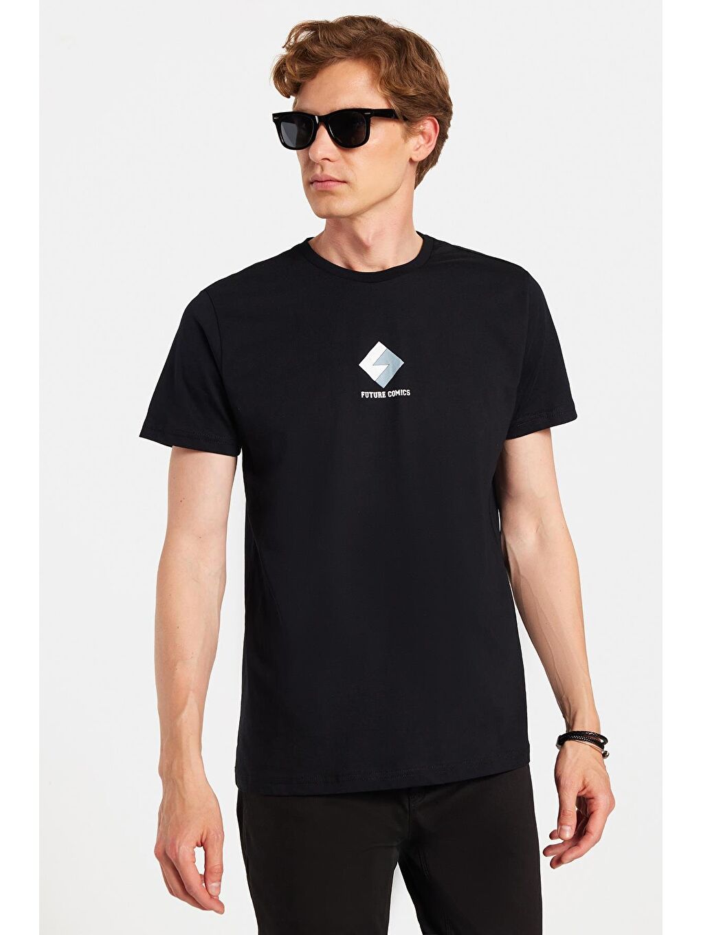 Erkek Slim Fit Dar Kesim %100 Pamuk Yumuşak Dokulu Baskılı Siyah Bisiklet Yaka Tişört