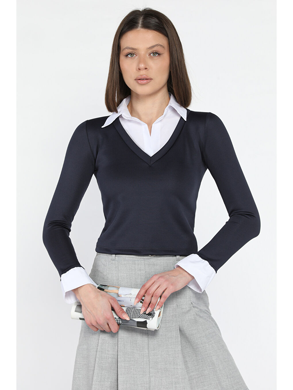 Lacivert Kadın Gömlek Garnili Crop Bluz