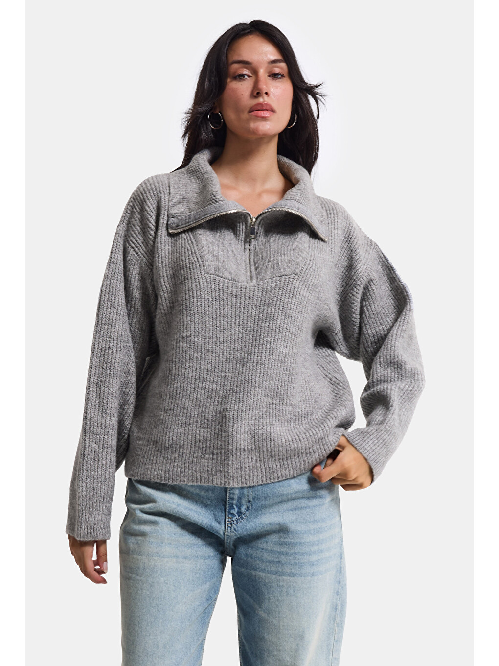 Kadın Gri W6-12 Oversize Fermuarlı Triko Kazak-5