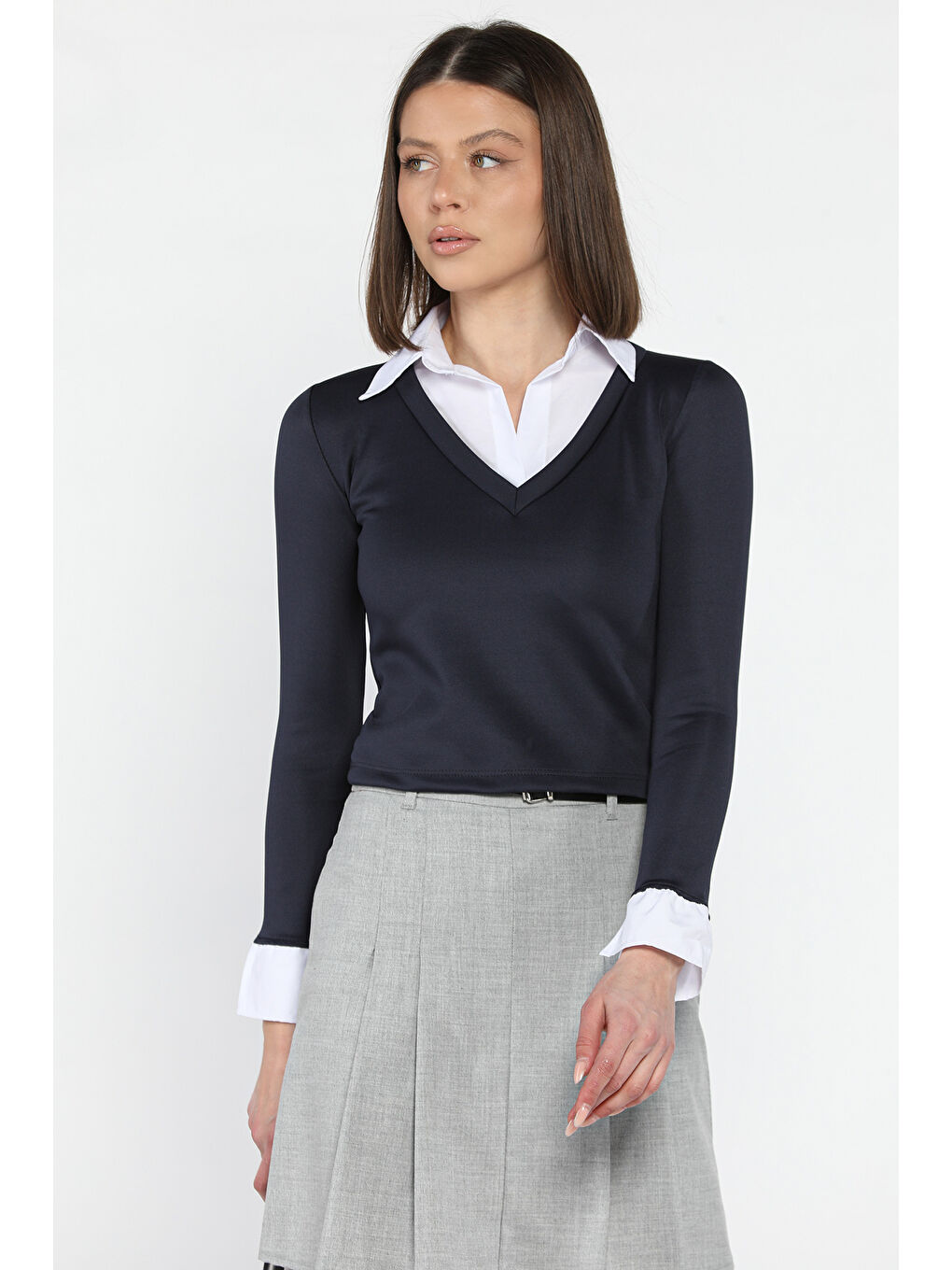 Lacivert Kadın Gömlek Garnili Crop Bluz-1