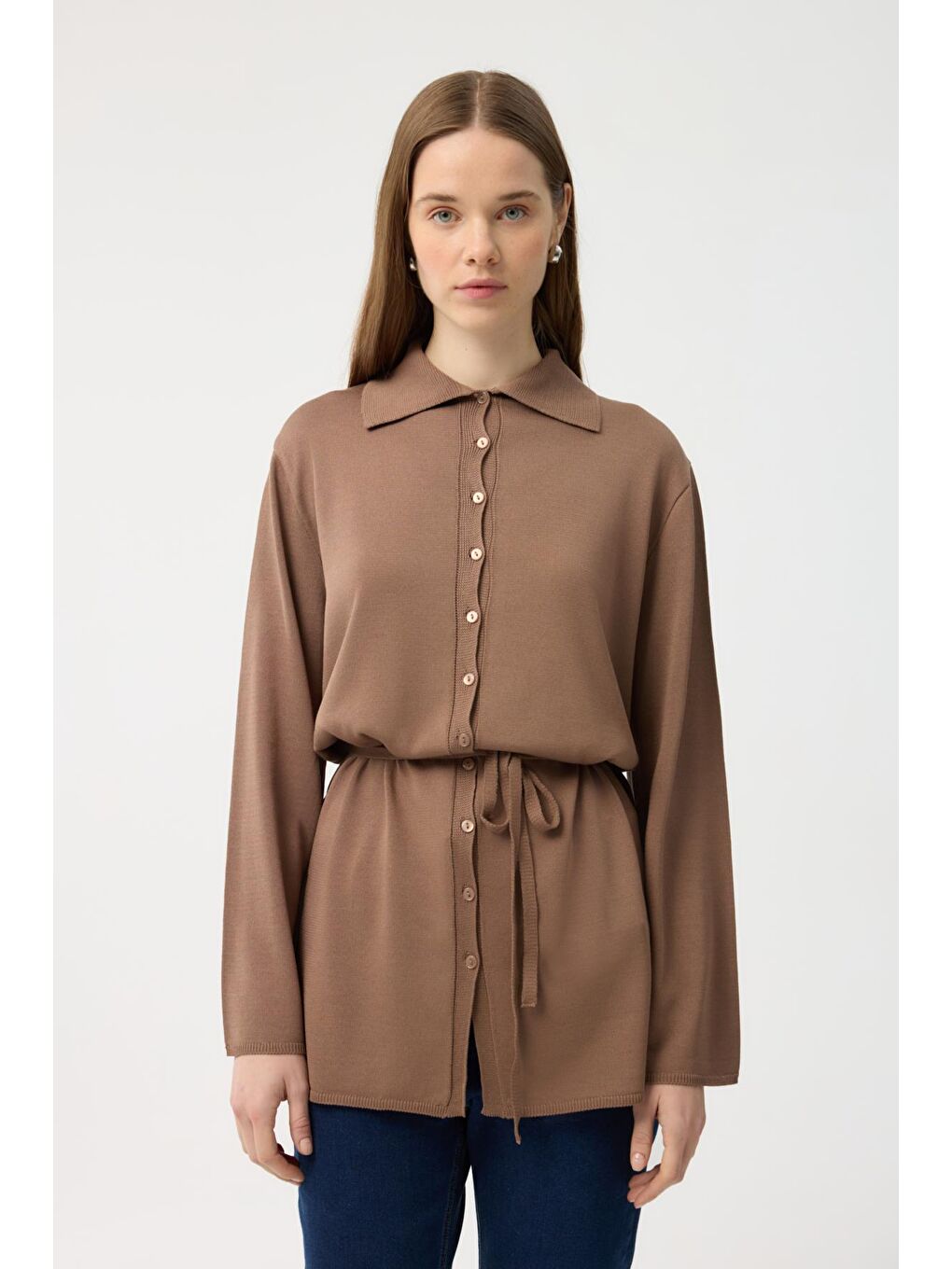 Kahverengi Düğmeli İnce Triko Hırka Toprak-3