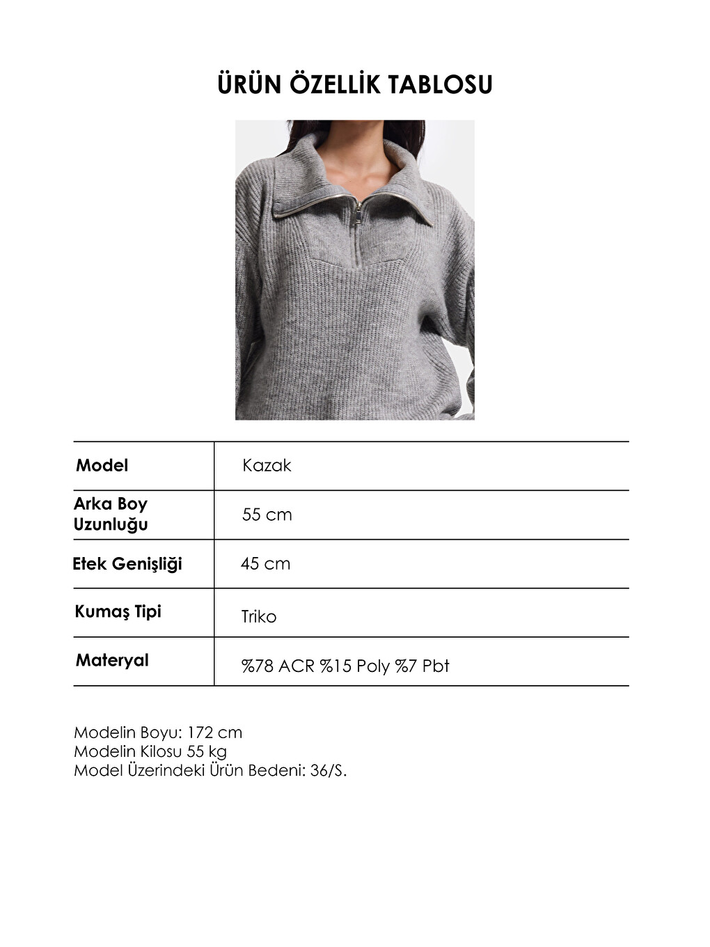 Kadın Gri W6-12 Oversize Fermuarlı Triko Kazak-6