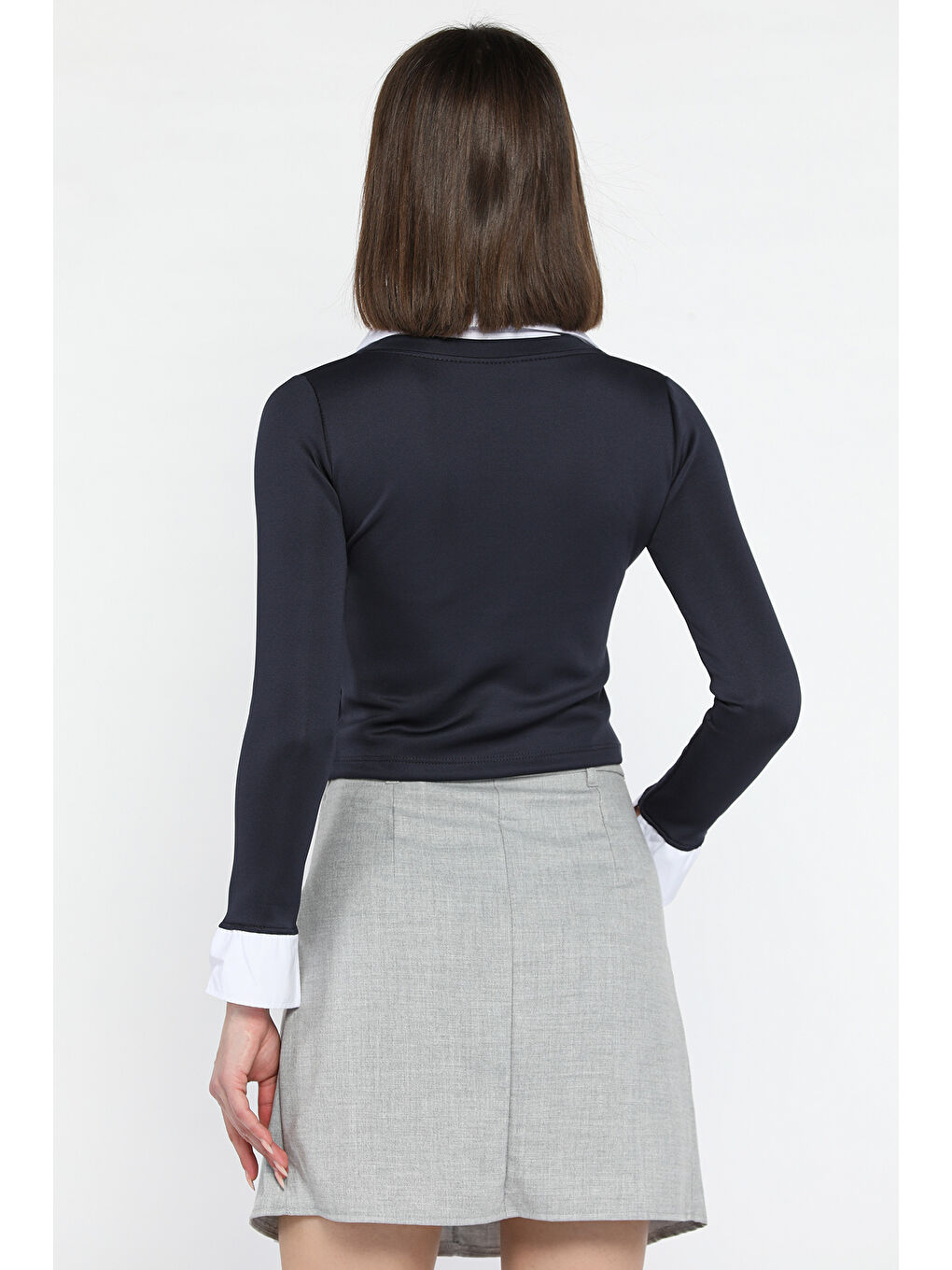 Lacivert Kadın Gömlek Garnili Crop Bluz-2