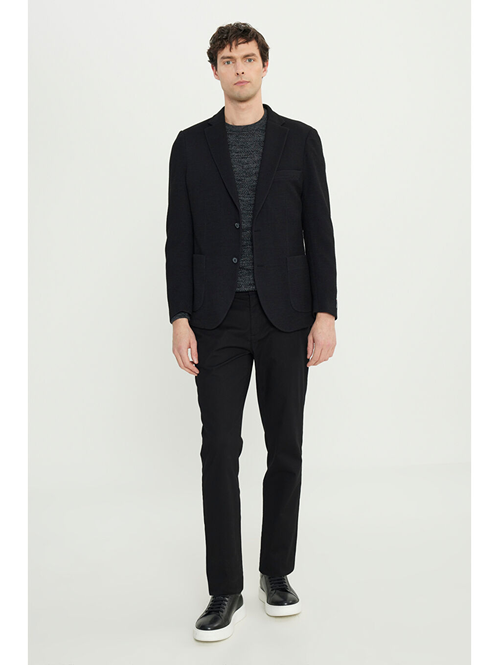 Erkek Siyah Yünlü Slim Fit Dar Kesim Mono Yaka Torba Cepli Esnek Ceket-1