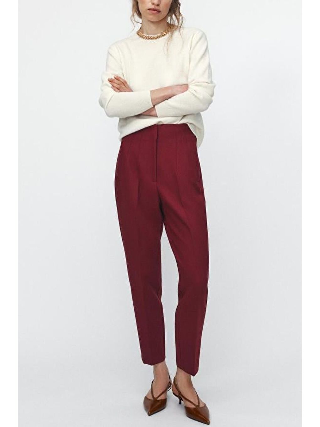 Bordo Önü Biyeli Yüksek Bel Kadın Pantolon Mg2425