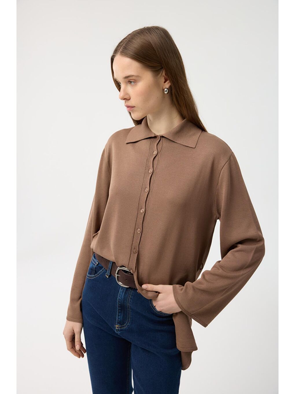 Kahverengi Düğmeli İnce Triko Hırka Toprak-4
