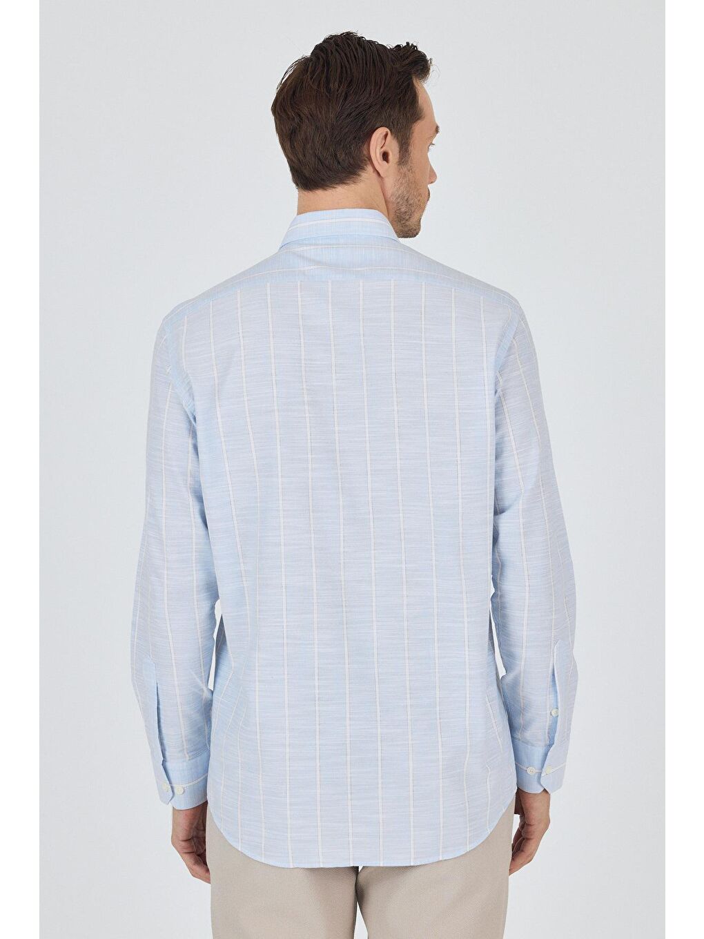 Mavi Uzun Kol Çizgili Desen Düğmeli Yaka Cepli Classic Comfort Fit %100 Pamuk Gömlek 1004250189-1