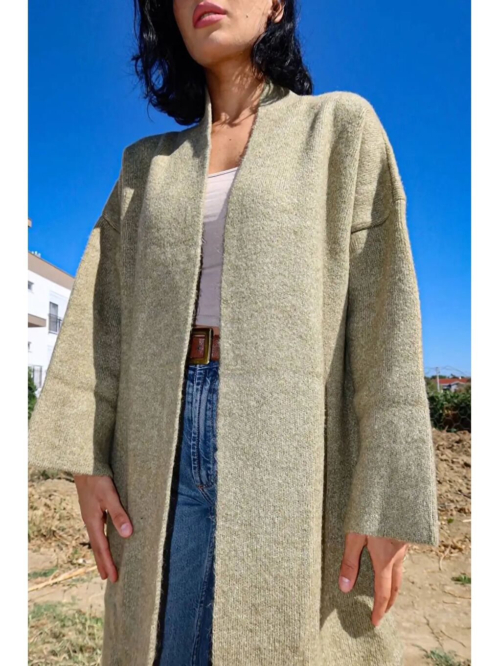 Bej Uzun Önü Kapamasız Triko Hırka E-234/1-3