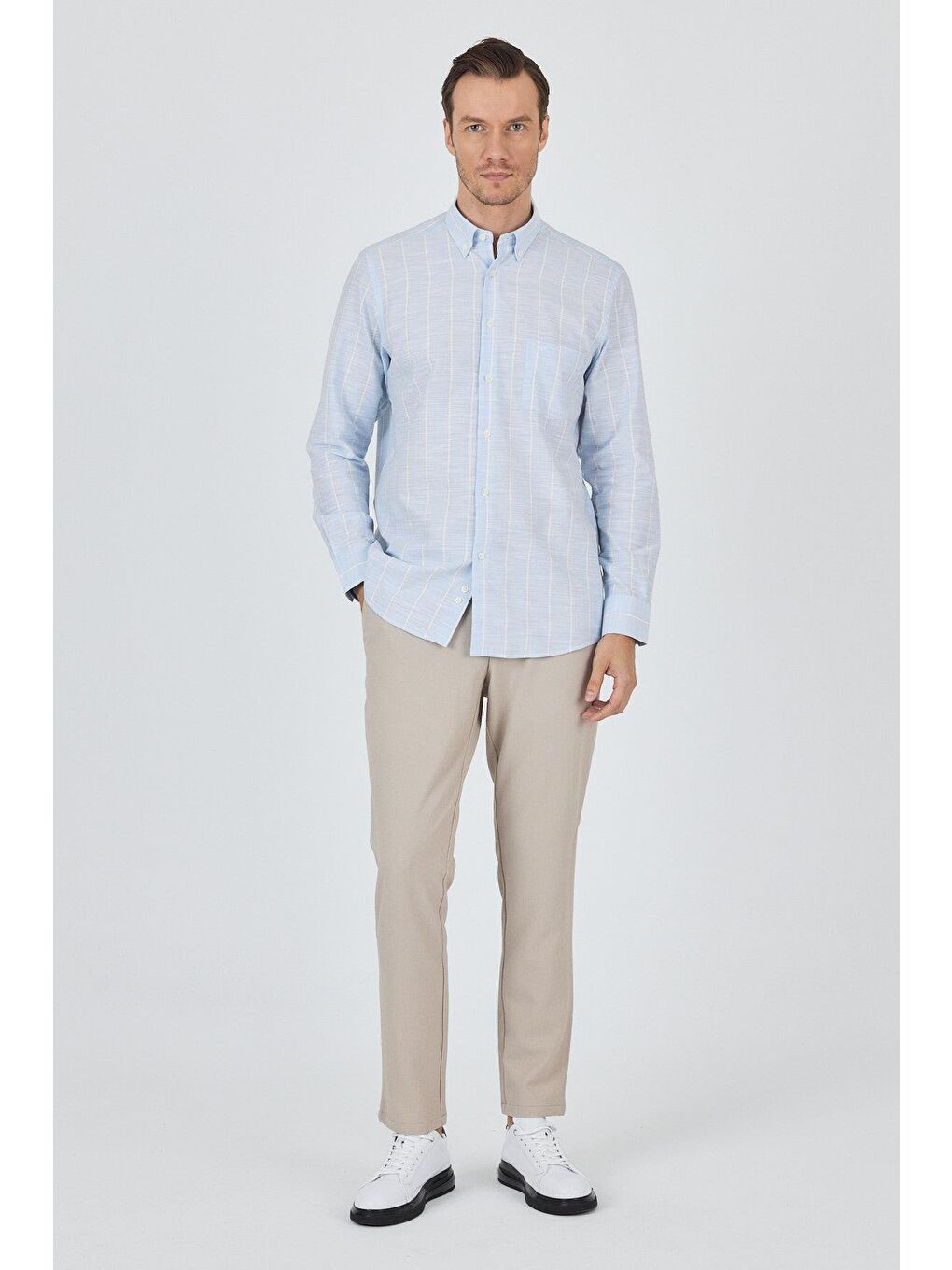 Mavi Uzun Kol Çizgili Desen Düğmeli Yaka Cepli Classic Comfort Fit %100 Pamuk Gömlek 1004250189-2