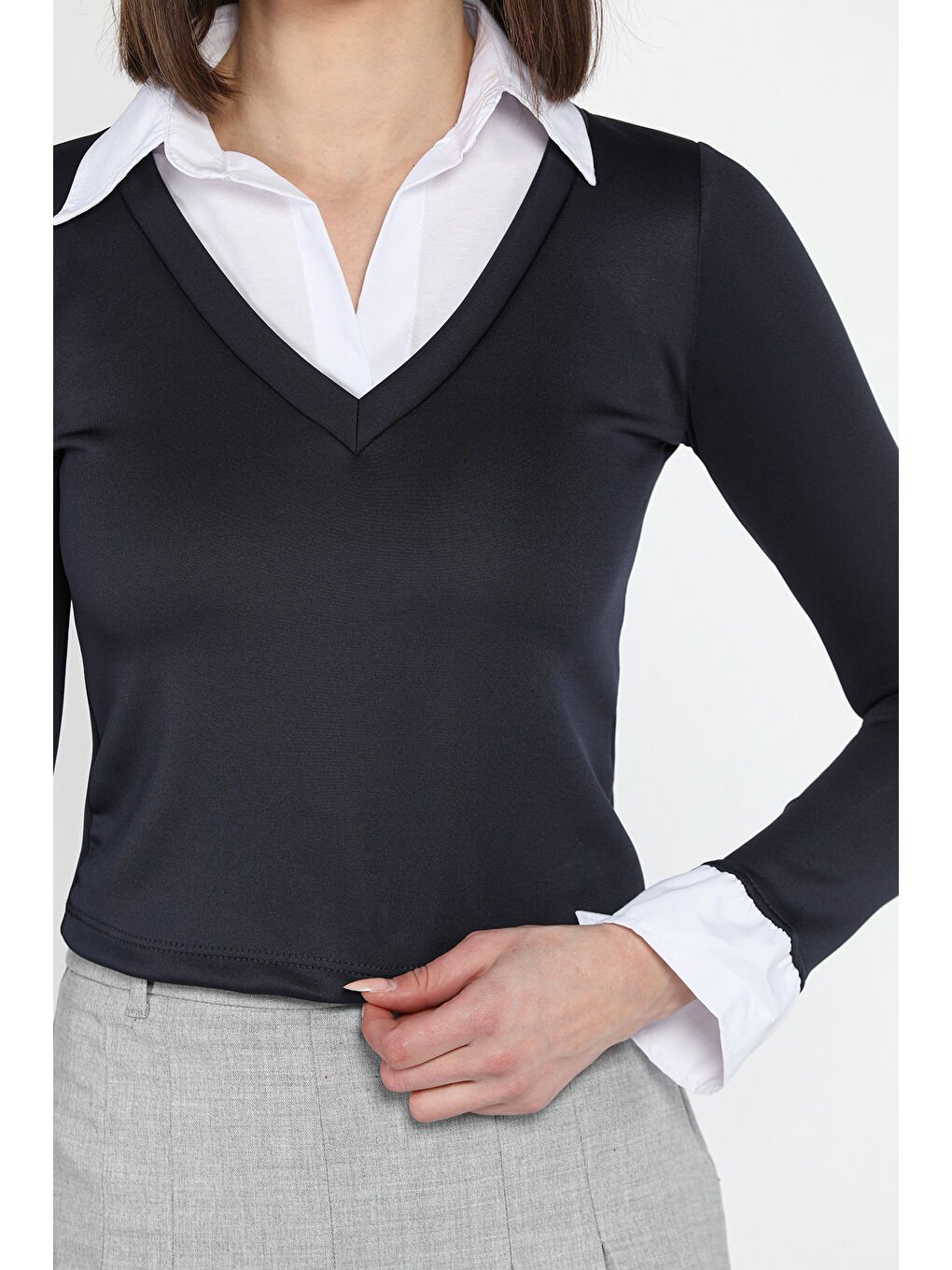 Lacivert Kadın Gömlek Garnili Crop Bluz-3