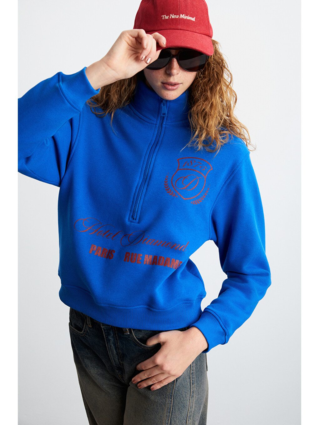 Meybelına Kadın Organik Pamuklu Kemik Fermuarlı Dik Yaka Yazılı Baskılı Mavi Sweatshirt-2