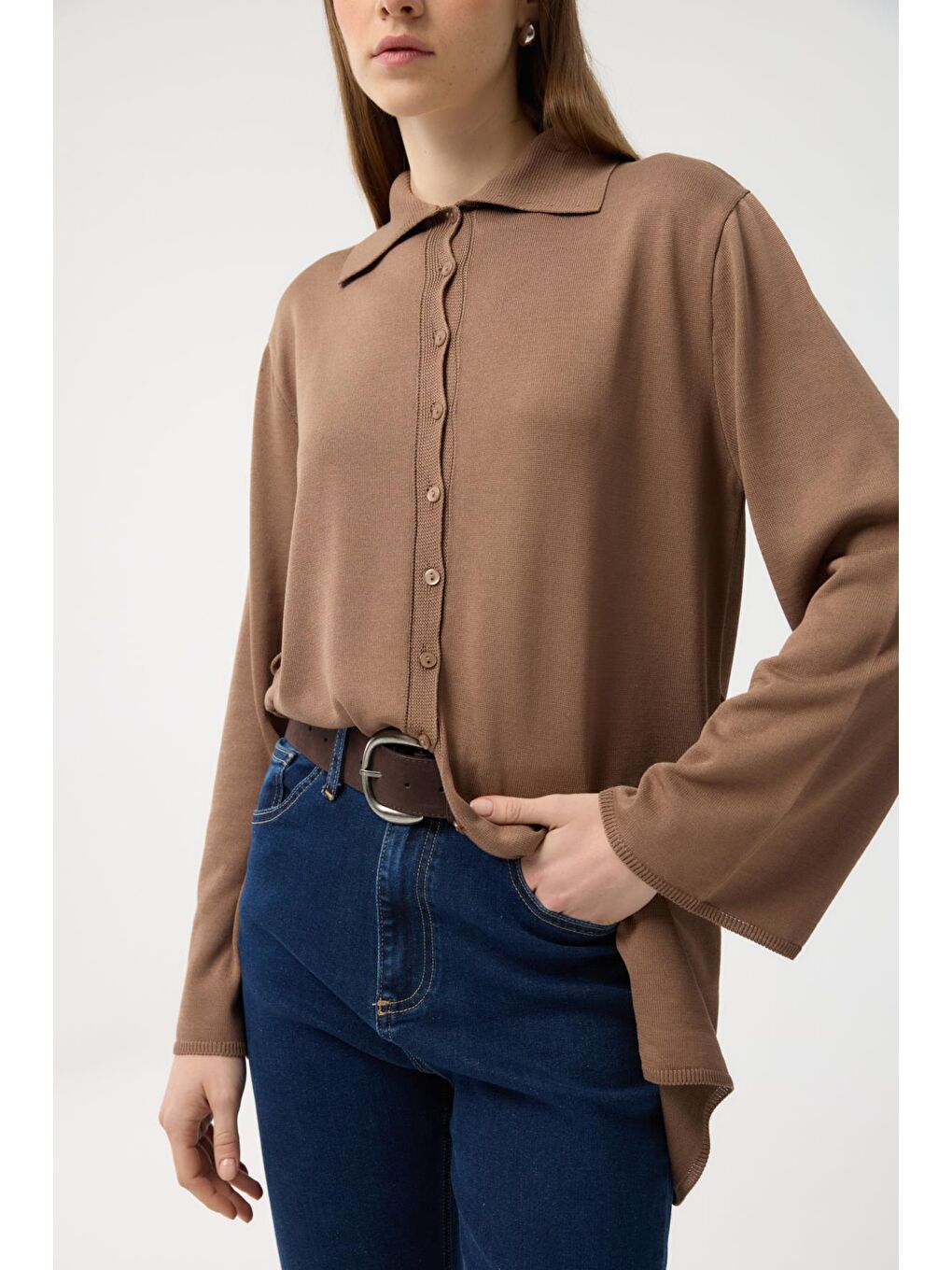 Kahverengi Düğmeli İnce Triko Hırka Toprak-5