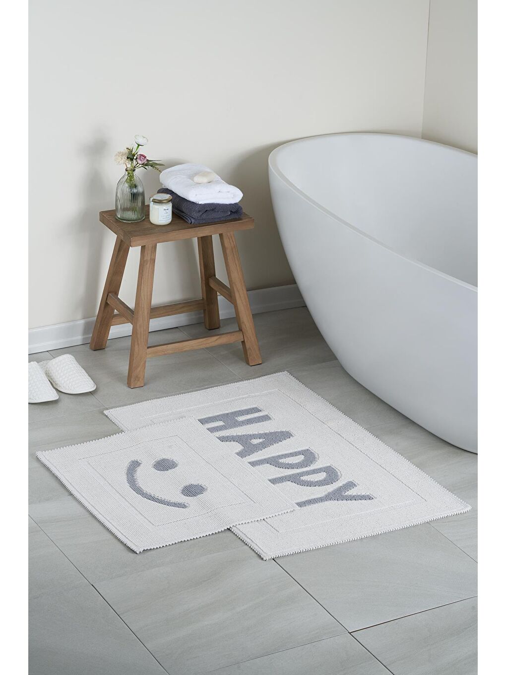 Happy Doğal Pamuklu 2'li Banyo Paspas Seti 60x100+50x60 Cm - Gri