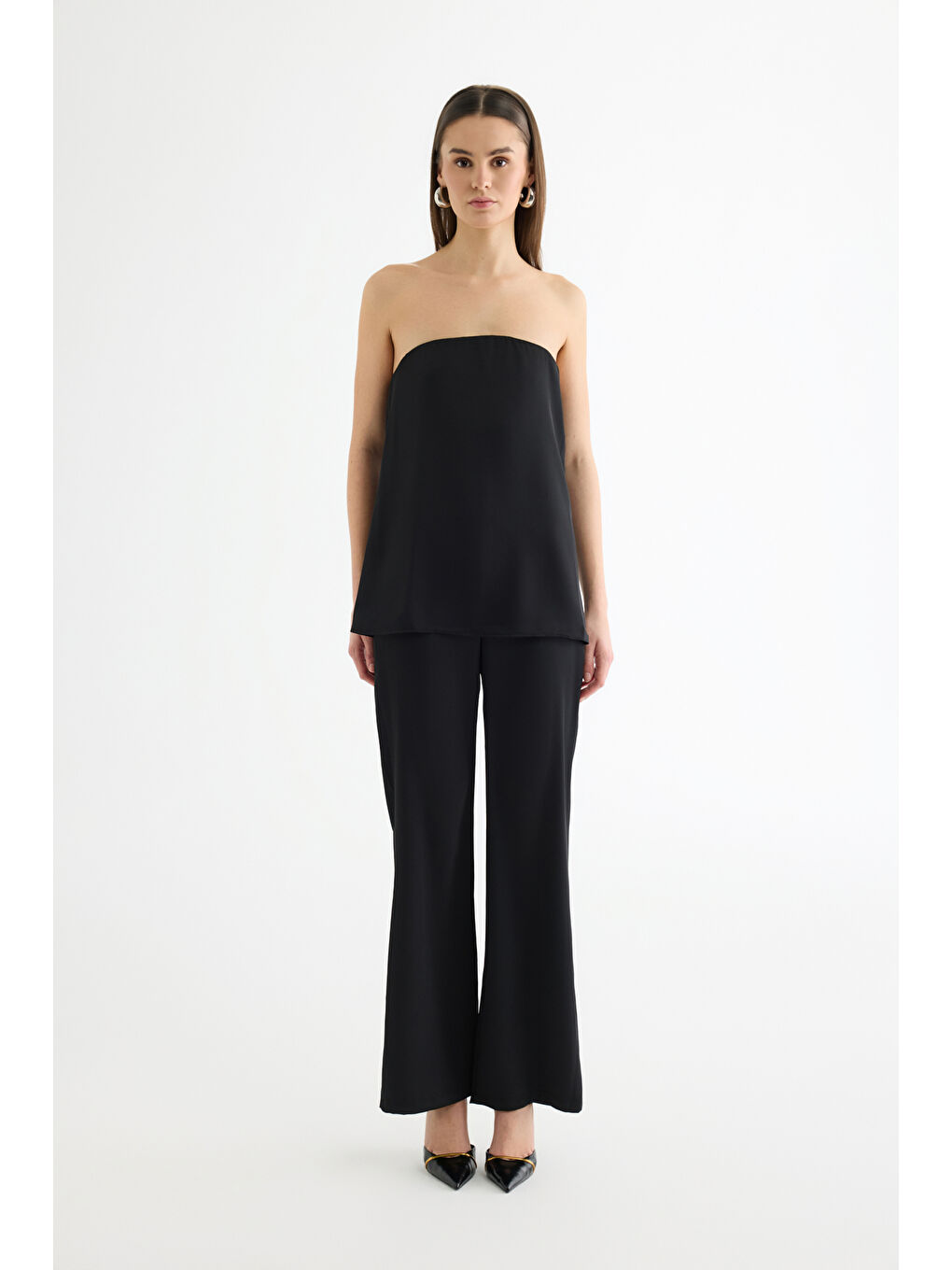 Straplez Saten Bluz Siyah-2