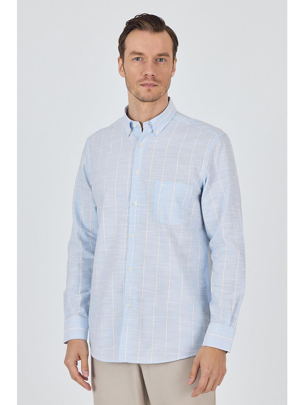 Mavi Uzun Kol Çizgili Desen Düğmeli Yaka Cepli Classic Comfort Fit %100 Pamuk Gömlek 1004250189-4