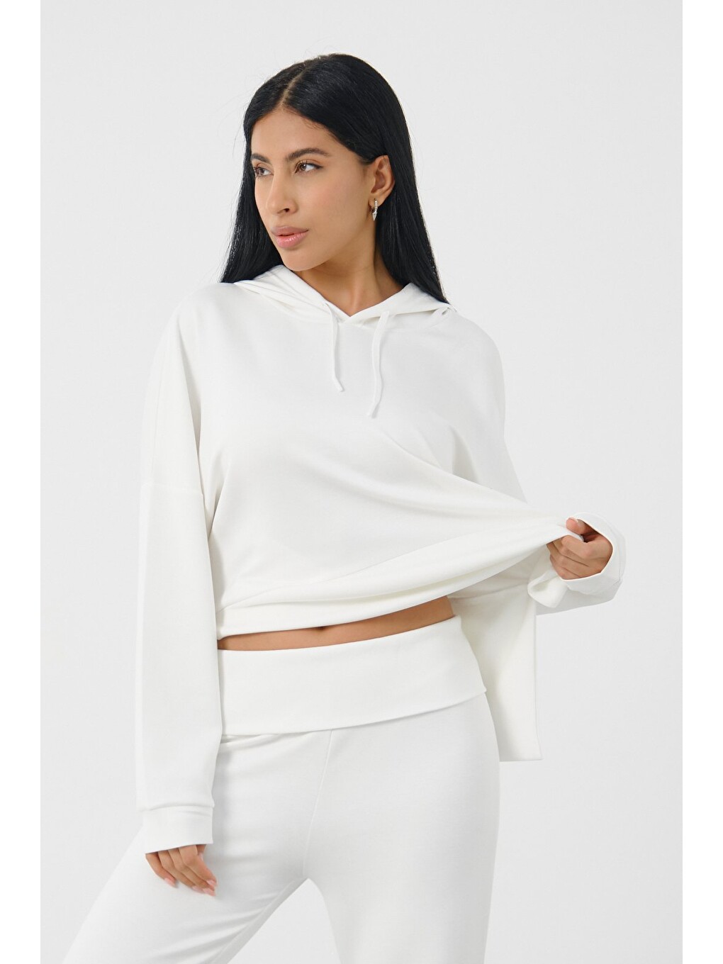 Ekru Kadın Kapüşonlu Salaş Takım Oversize Sweat ve Geniş Paça Alt-5