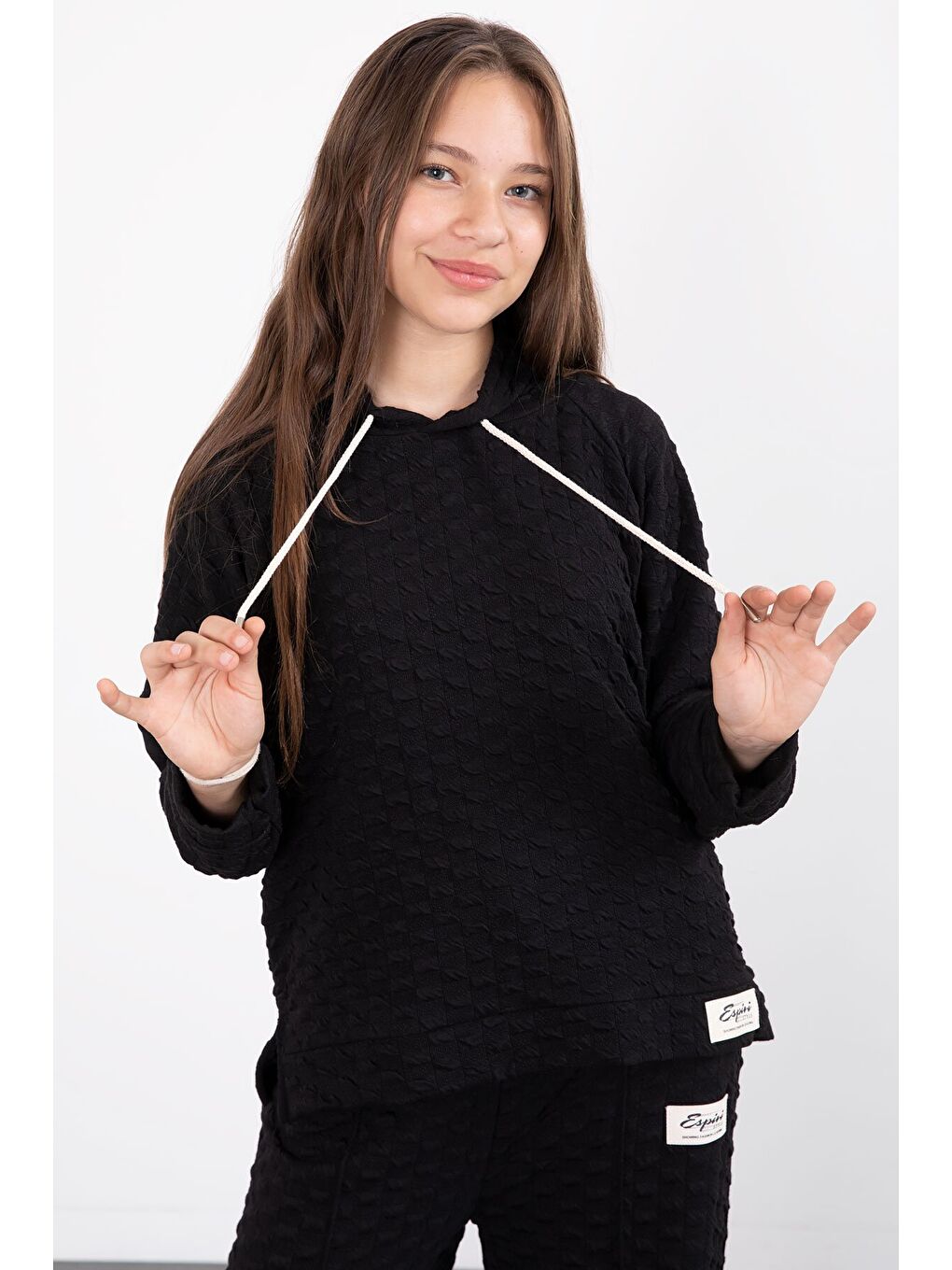 Siyah Kız Çocuk Dokulu Geniş Paça Kapüşonlu Eşofman Takımı 23301-2