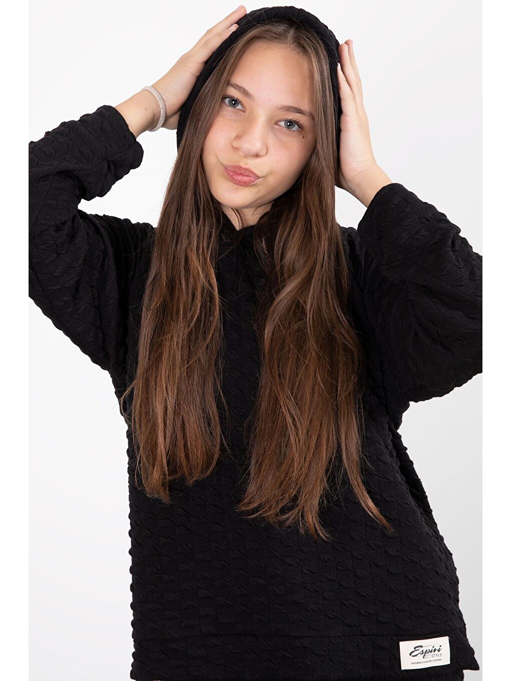 Siyah Kız Çocuk Dokulu Geniş Paça Kapüşonlu Eşofman Takımı 23301-4