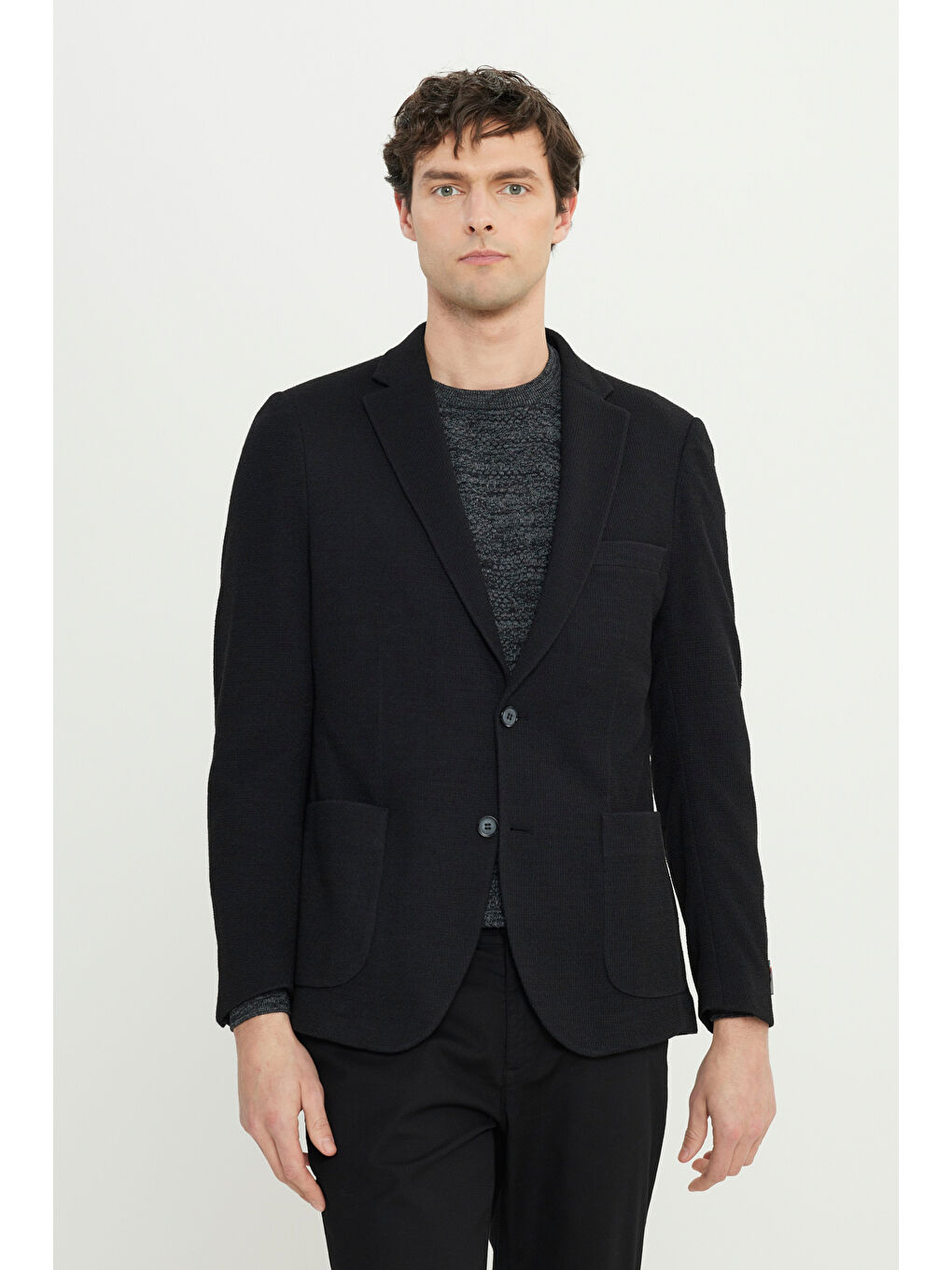 Erkek Siyah Yünlü Slim Fit Dar Kesim Mono Yaka Torba Cepli Esnek Ceket-2