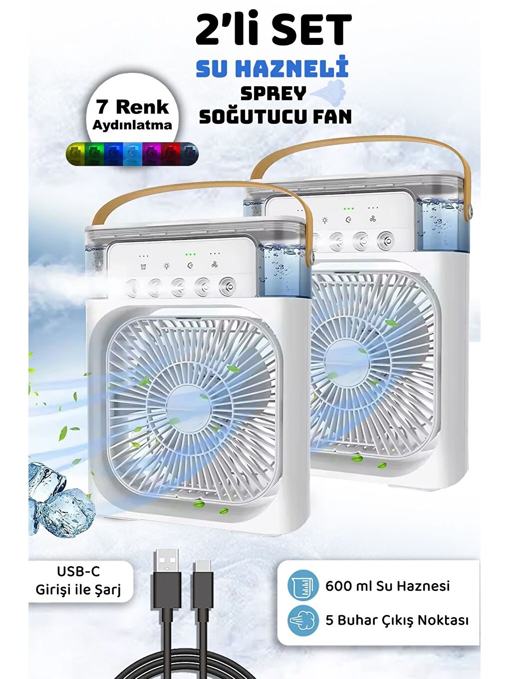 2 Adet Sprey Soğutucu Fan - Ledli Su Hazneli Püskürtmeli Hava Nemlendirici Taşınabilir Fan Beyaz