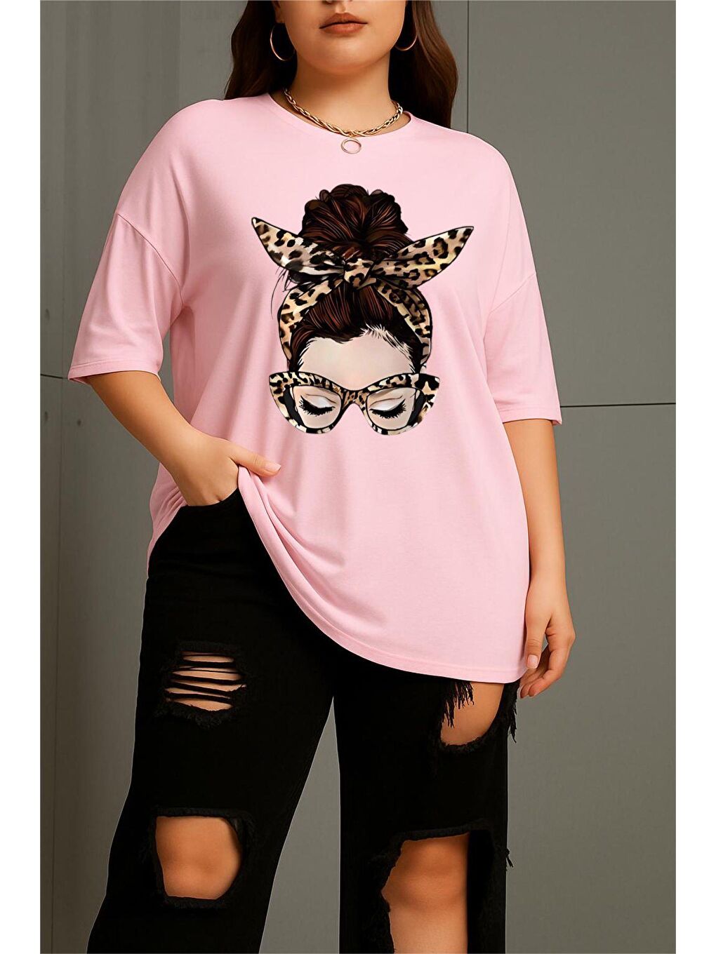 Pembe Ceny Kadın Büyük Beden Battal Baskılı Bisiklet Yaka Pamuklu T-Shirt Rahat Kesim Unisex Sevgili Kombi