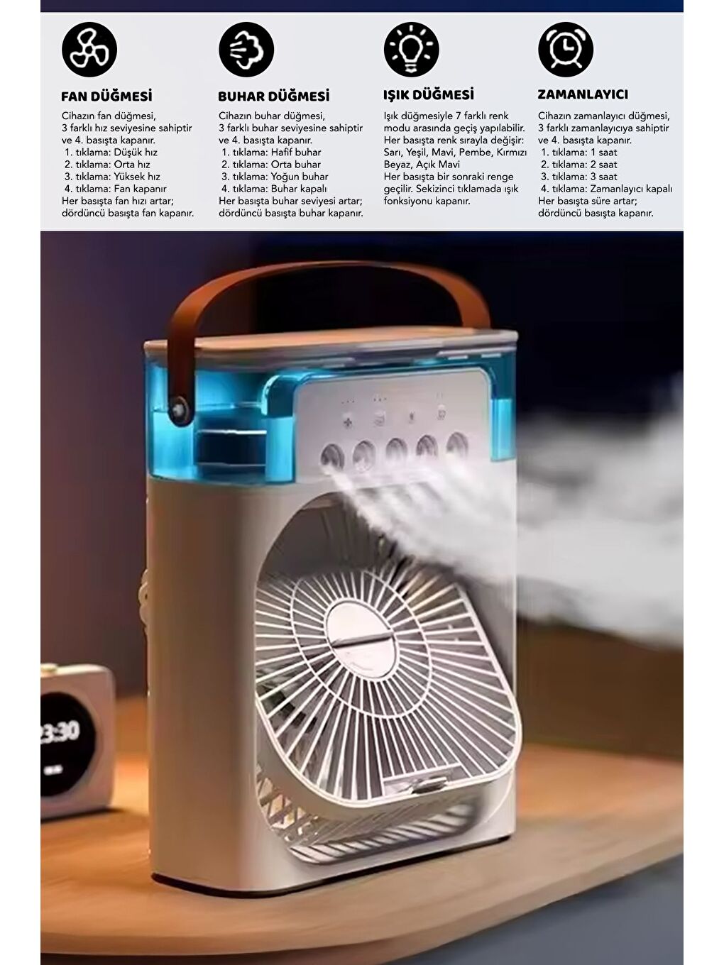 2 Adet Sprey Soğutucu Fan - Ledli Su Hazneli Püskürtmeli Hava Nemlendirici Taşınabilir Fan Beyaz-1