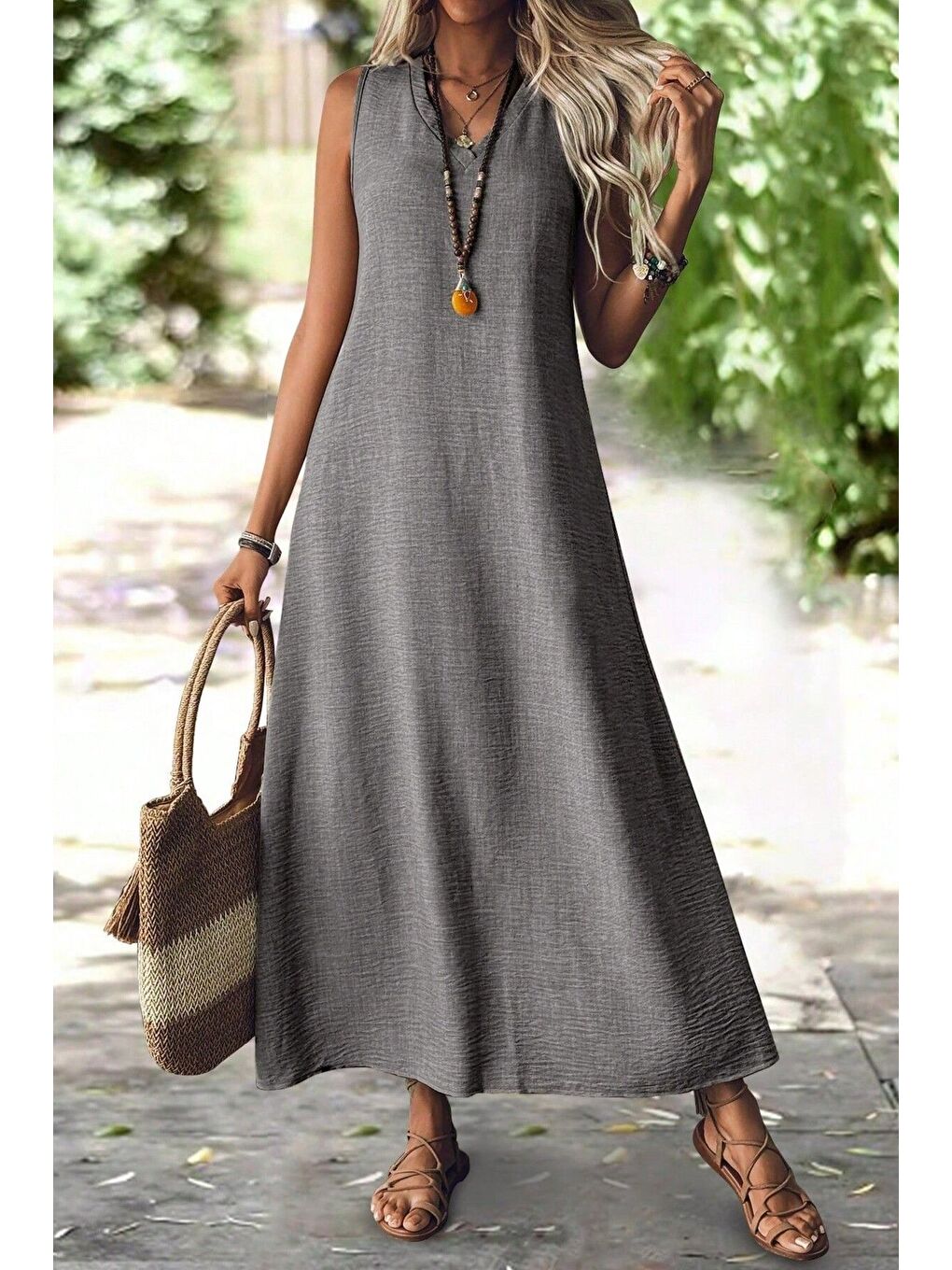 Kadın Koyu Gri V Yaka Kolsuz Maxi Boy Keten Elbise