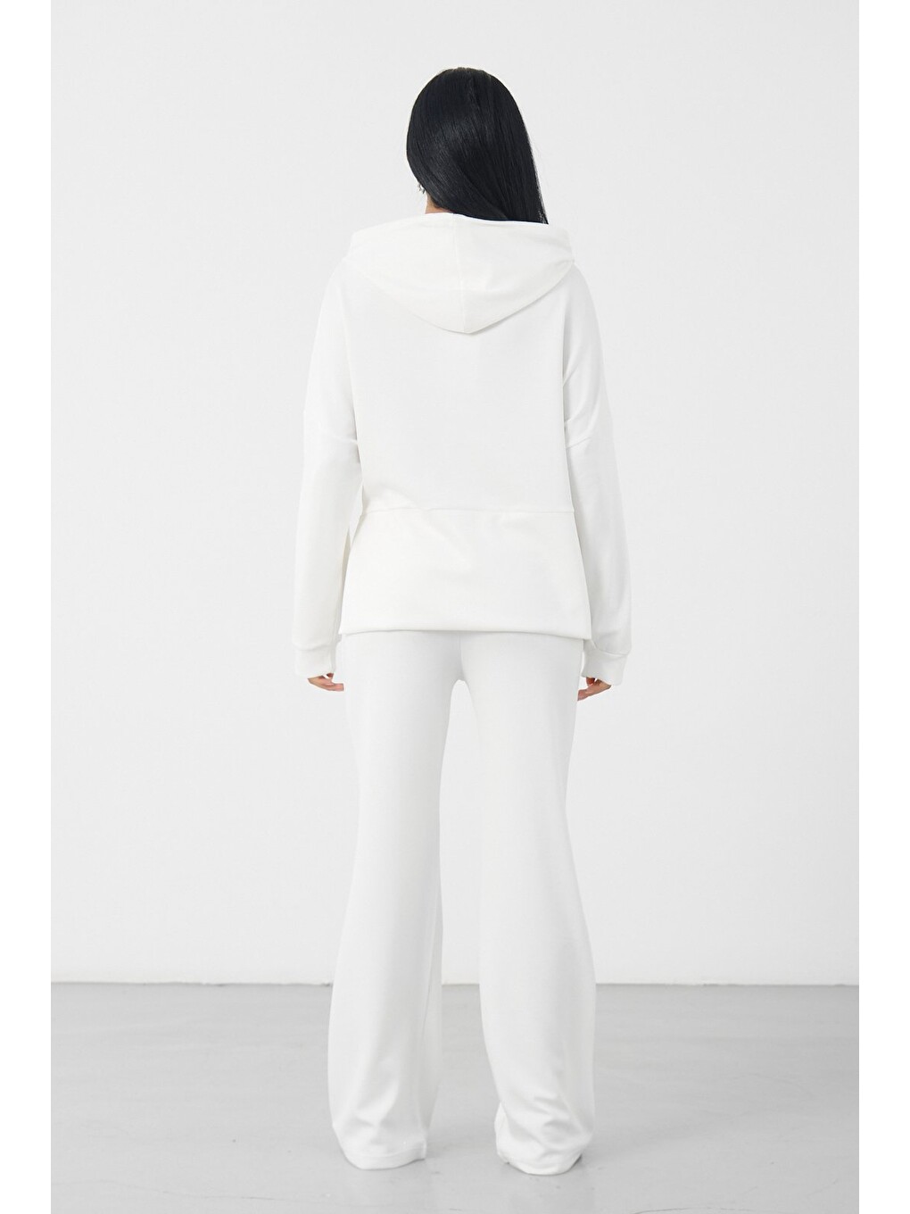 Ekru Kadın Kapüşonlu Salaş Takım Oversize Sweat ve Geniş Paça Alt-6