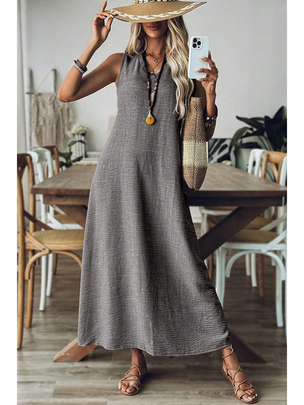 Kadın Koyu Gri V Yaka Kolsuz Maxi Boy Keten Elbise-2