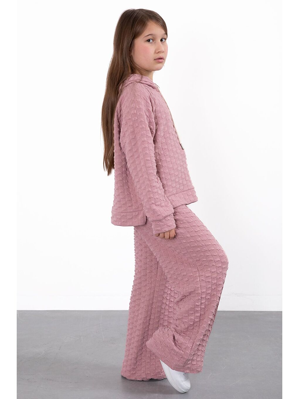 Pembe Kız Çocuk Dokulu Geniş Paça Kapüşonlu Eşofman Takımı 23302-1