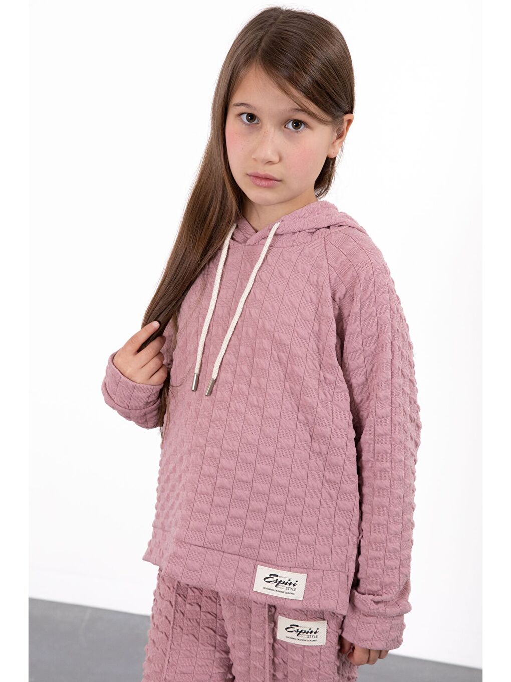 Pembe Kız Çocuk Dokulu Geniş Paça Kapüşonlu Eşofman Takımı 23302-2