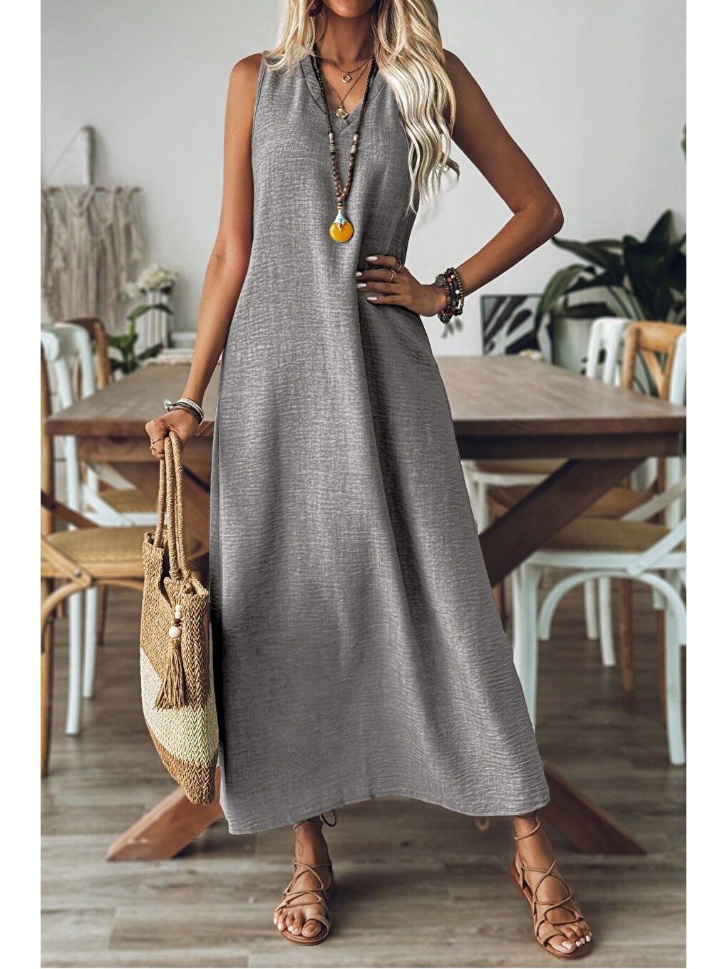 Kadın Koyu Gri V Yaka Kolsuz Maxi Boy Keten Elbise-4