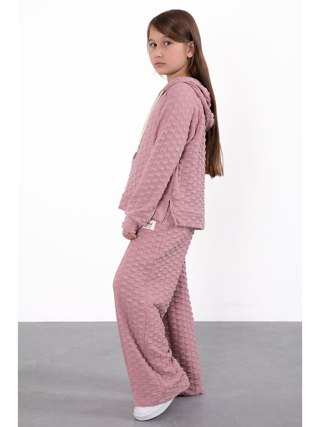 Pembe Kız Çocuk Dokulu Geniş Paça Kapüşonlu Eşofman Takımı 23302-3