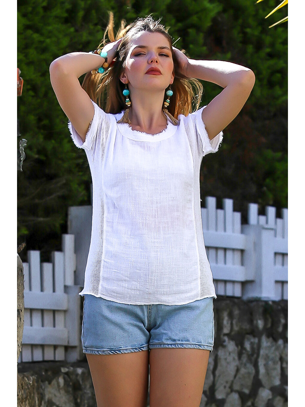 Beyaz Havuz Yaka Düşük Kol File Detaylı Yıkamalı Ve Pis Dikişli Casual Dokuma Bluz 68 52-1