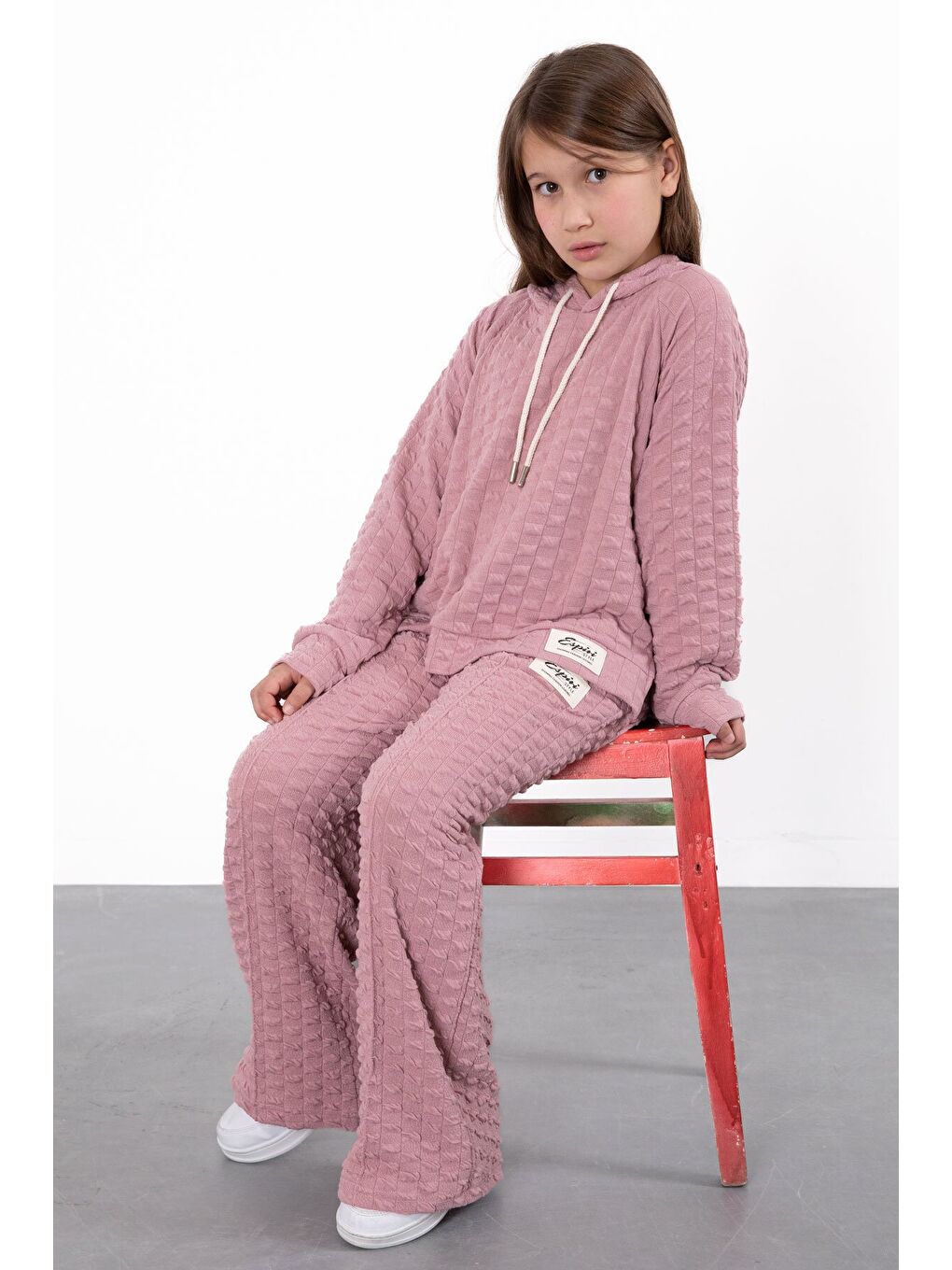 Pembe Kız Çocuk Dokulu Geniş Paça Kapüşonlu Eşofman Takımı 23302-4
