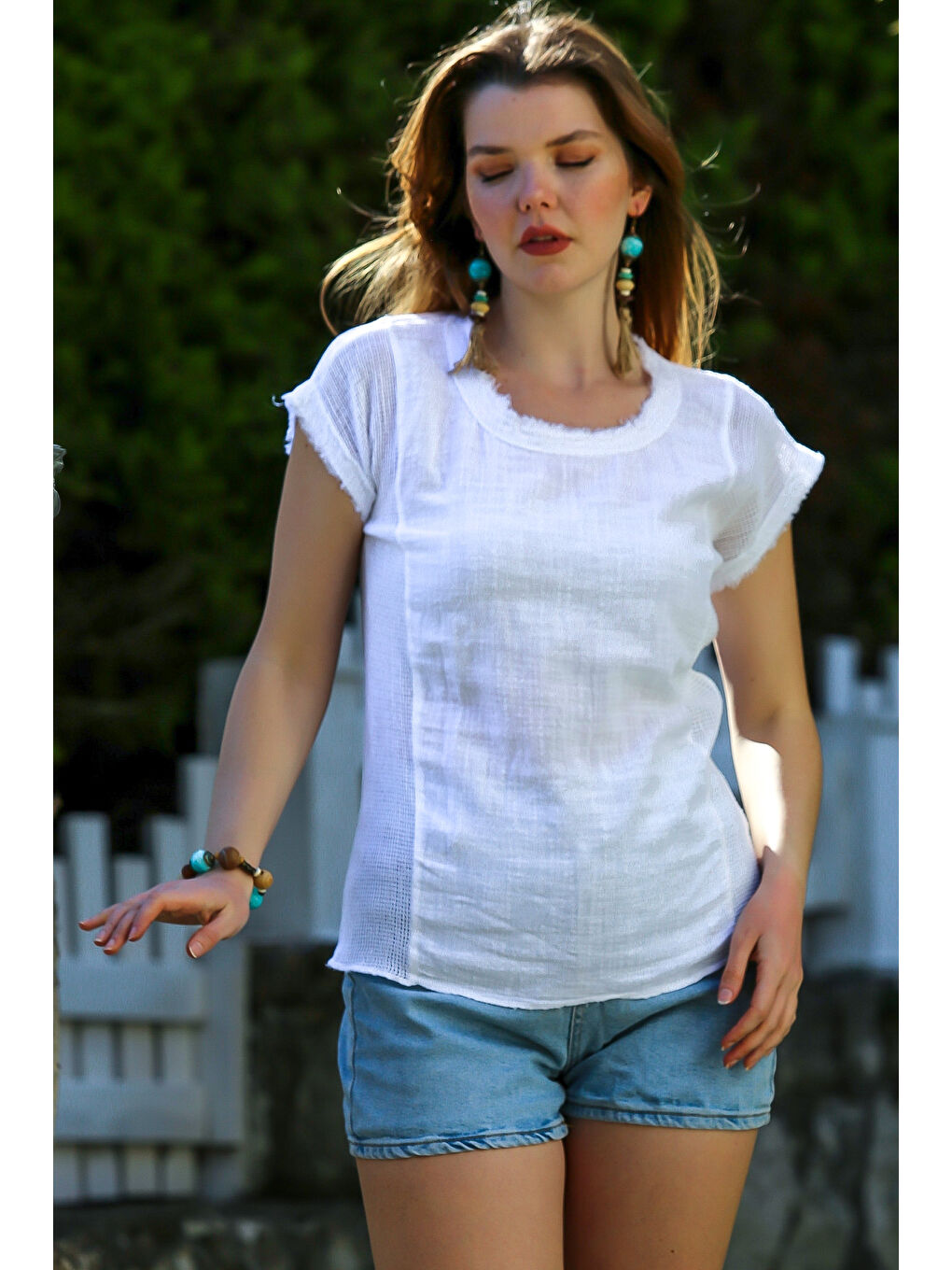 Beyaz Havuz Yaka Düşük Kol File Detaylı Yıkamalı Ve Pis Dikişli Casual Dokuma Bluz 68 52-2