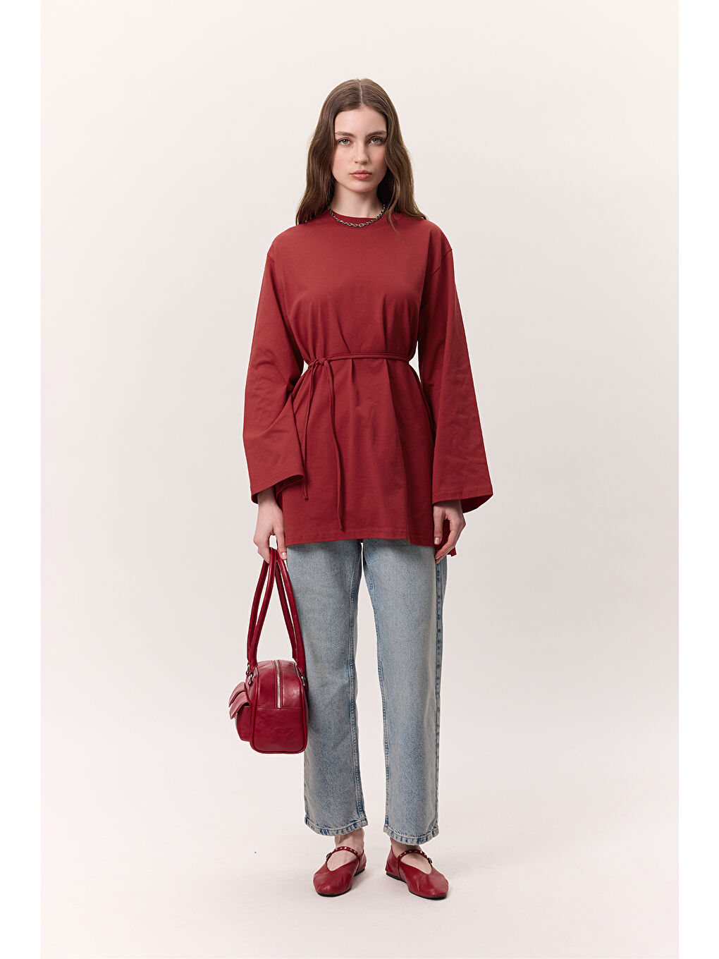 Bağlama Detaylı Oversıze Tshırt Kırmızı-1