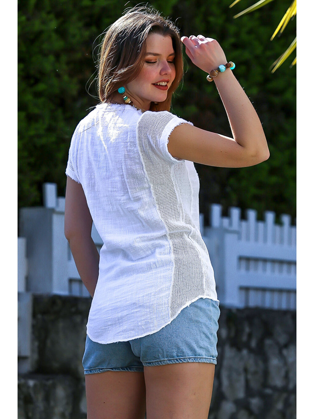 Beyaz Havuz Yaka Düşük Kol File Detaylı Yıkamalı Ve Pis Dikişli Casual Dokuma Bluz 68 52-5