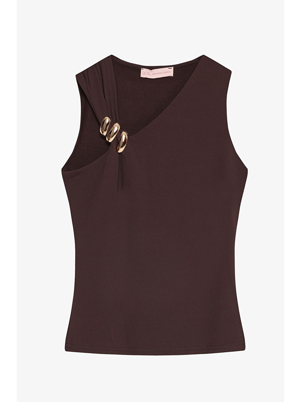 Asimetrik Yaka Metal Aksesuarlı Bluz Kahverengi-4