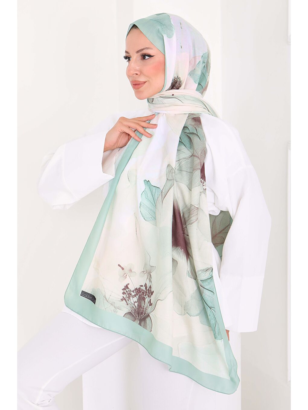 Yeşil Pastel Flora Serisi Pamuk Şal Mint - 27857-MINT