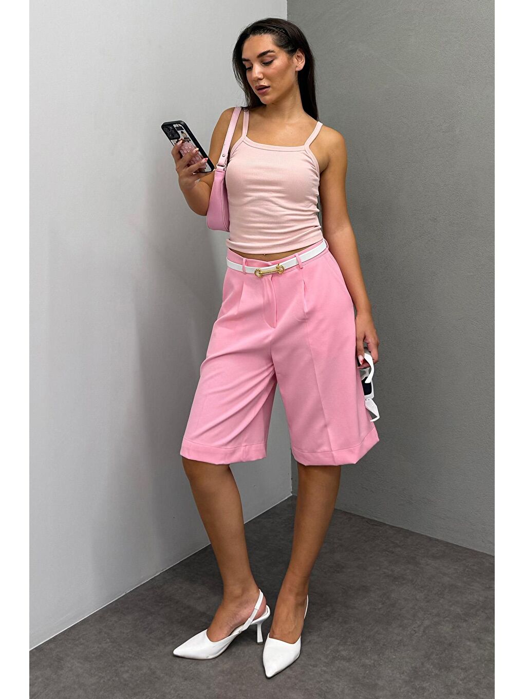 Pembe Pileli Kadın Bermuda Şort Mg2483-1