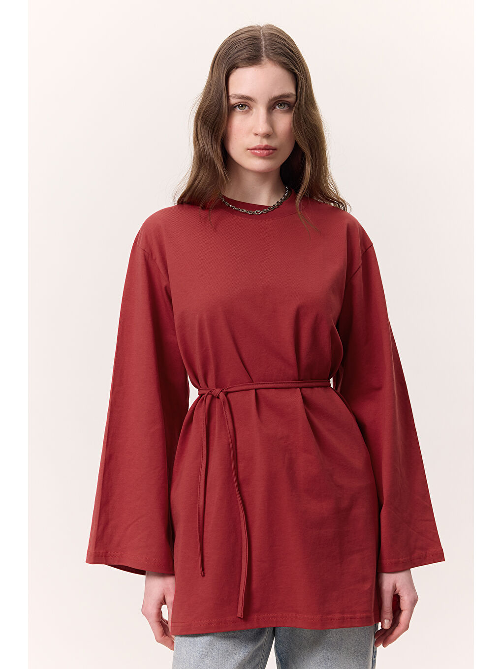 Bağlama Detaylı Oversıze Tshırt Kırmızı-2