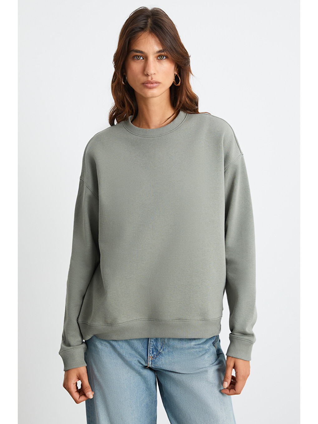 Maıja Kadın Bisiklet Yaka İçi Polarlı Oversize Fit Basic Açık Haki Sweatshirt