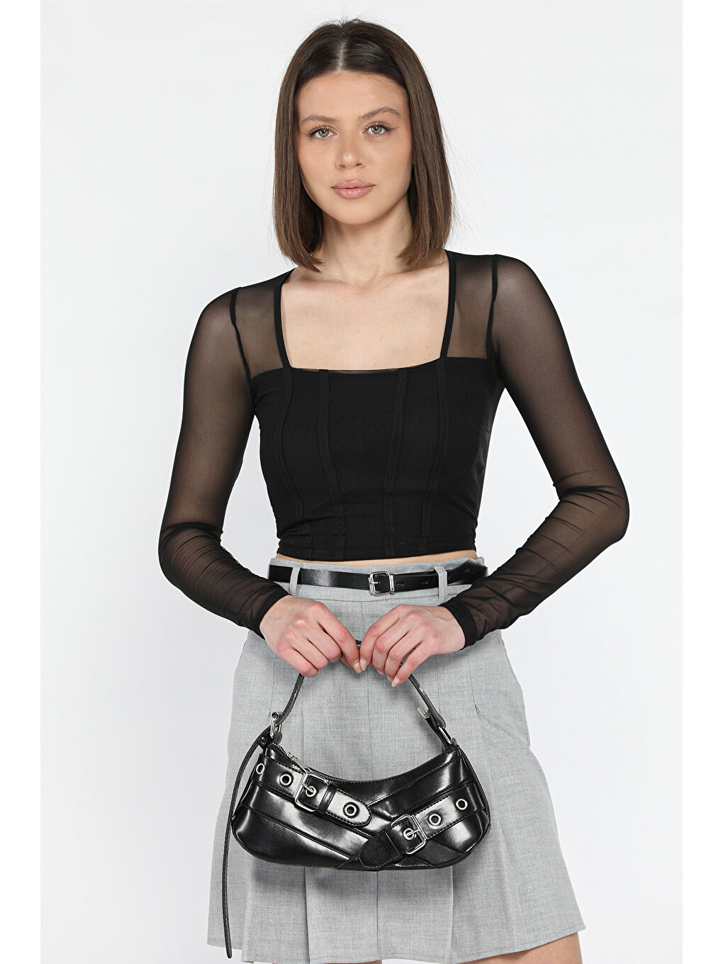Siyah Kadın Kare Yaka Sırt Ve Kol Transparan Crop Top Bluz