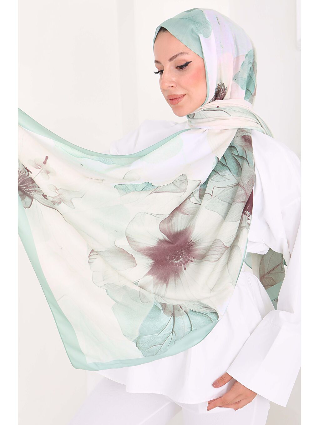 Yeşil Pastel Flora Serisi Pamuk Şal Mint - 27857-MINT-1