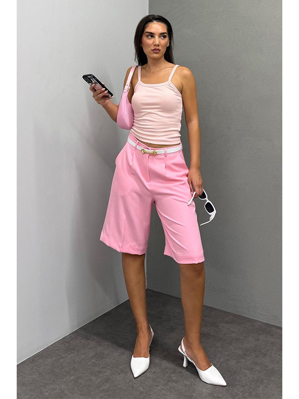 Pembe Pileli Kadın Bermuda Şort Mg2483-2