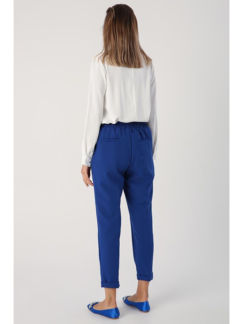 Mavi Saks-Beli Lastikli Havuc Pantolon-3